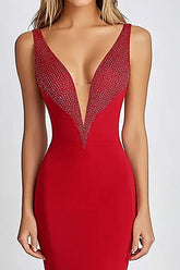 Sheath Deep V-Neck Red Wedding Guest Dress Long Formal Dress With Beading